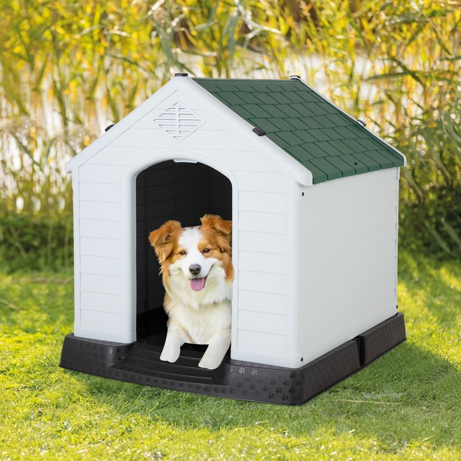 Plastic Dog House 28 inch Indoor Outdoor Dog Houses with Elevated Floor, All Weather Waterproof Doghouse, Easy to Assemble,Ventilation Design Pet House,Green