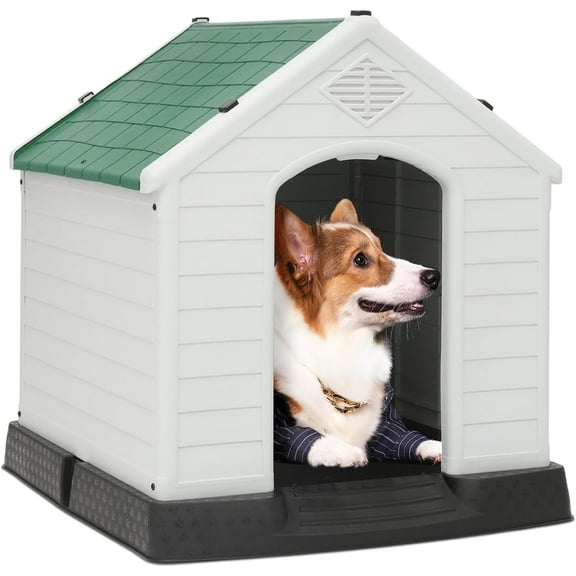 Plastic Dog House Indoor for Small Dogs, Insulated Dog House Outdoor Puppy Shelter, 32.5 Inch Weather & Water Resistant Pet Crate with Air Vents and Elevated Floor, Forest Green