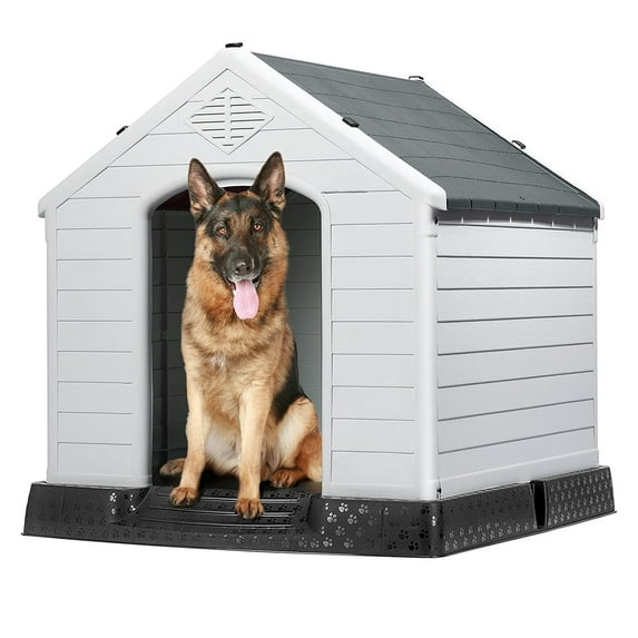 Plastic Dog House for Small to Large Sized Dogs, Indoor Outdoor Doghouse Insulated Puppy Shelter with Elevated Floor, Easy to Assemble (Grey, 34''L*31''W*32''H)