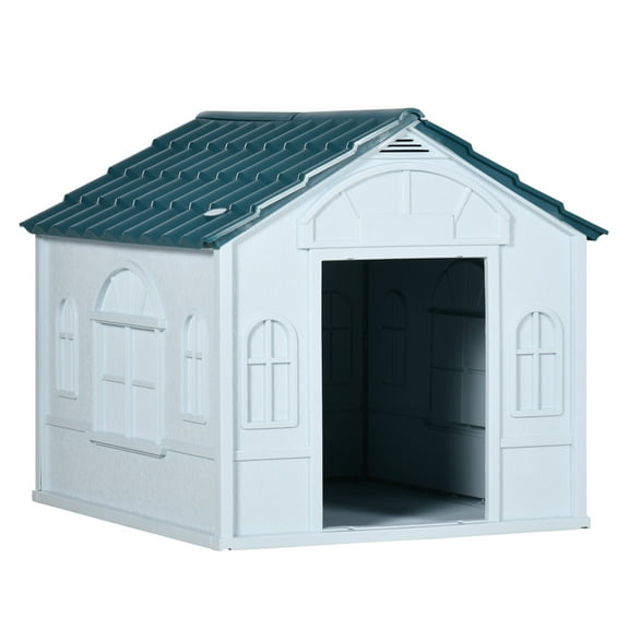 Plastic Dog House, Water Resistant Puppy Shelter, Indoor Outdoor with Door for Small Medium Dogs, Blue