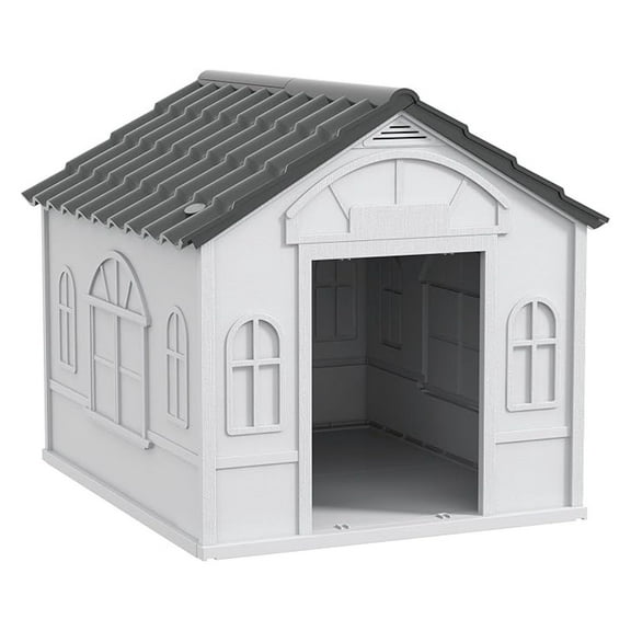 Plastic Dog House for Small & Medium Dogs, Water Resistant Puppy Shelter - Indoor/Outdoor, Easy Assembly, with Door & Ventilation, Gray