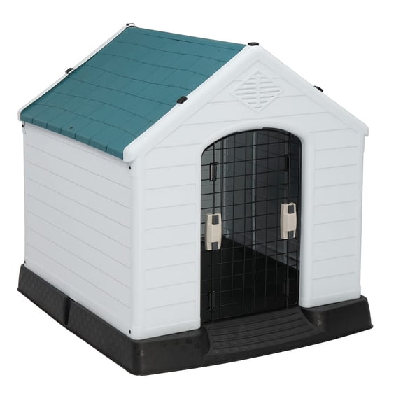 Plastic Dog Kennel,Weather Resistant Pet Dog House with Access Door,Ventilated Raised Floor,Turnover Base,Suitable for Small Medium Dogs,Indoor Outdoor Backyard Patio Deck Use, 28 Inch Height, White
