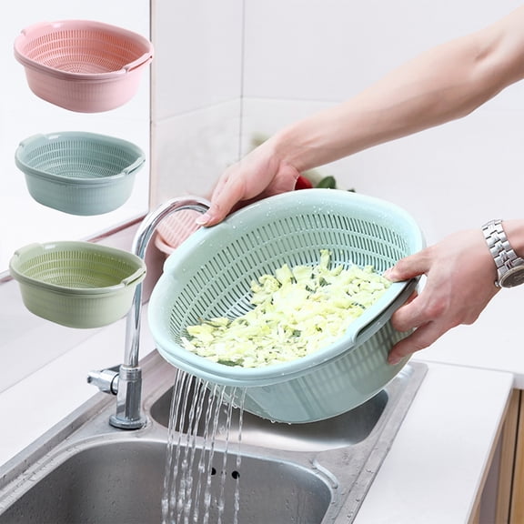 Plastic Double Dishwashing Basket Draining Basket, Multifunctional Round Kitchen Colander Basin with Large Capacity for Fruit, Vegetables & Household Use, 12.8 x 11.4 x 5.1 in, Pink/Green/Blue