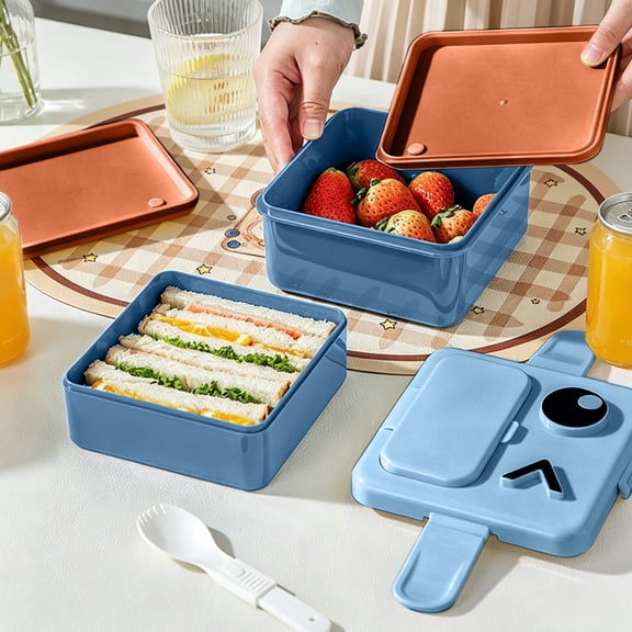 Plastic Double Lunch Box Microwave Oven Heating Portable Bento Box with Cutlery 1500ml Leakproof Meal Container for Work School Picnic Office Students Daily Food Carry Case Meal Prep Set Meal Fresh