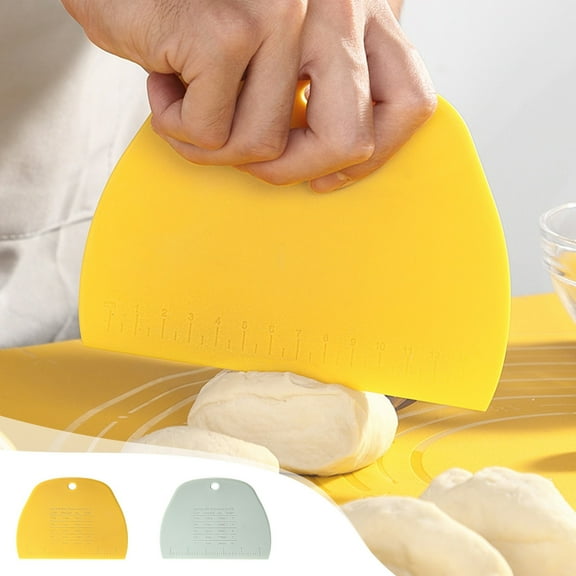 Plastic Dough Scraper Blade | Wide Rim Flexible Baking Tool for Sausage Cake Buns Pancakes | Food Safe Measuring Marks | Multi-Purpose Cutting Knife | 1Pc Yellow Green | 15.5x11.5cm