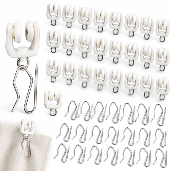 Plastic Drapery Rail Gliders and Hooks Set for Curtain Tracks, Windows, Showers and Room Dividers