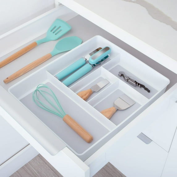 Plastic Drawer Organizer Set of 2 - 5 Compartment - Non-Slip Lining and Feet - BPA Free - Utensils, Flatware, Office, Personal Care, or Makeup Storage - White with Gray
