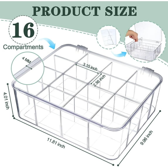 Clear Plastic Drawer Organizer with 16 Removable Compartments for Socks, Bras, Ties, Belts and More