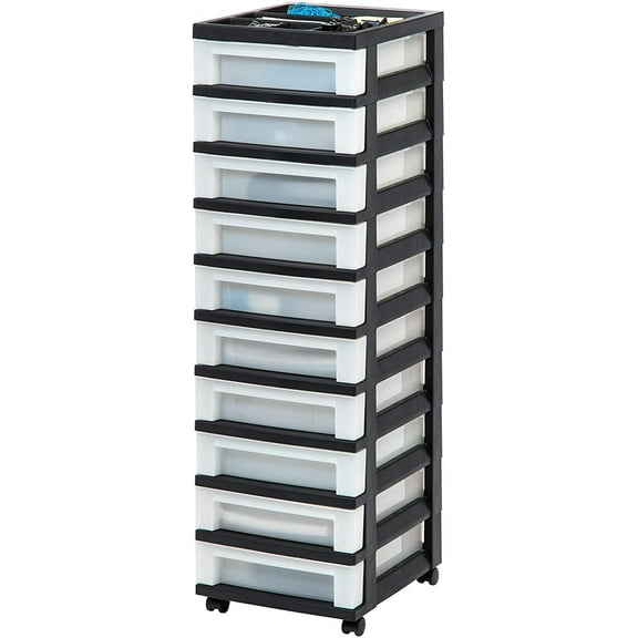 Plastic Drawer Storage Organizer Rolling Cart, with Wheels Casters, 10-Drawers, for Classroom Art Craft Supplies Dresser Closet Bathroom Laundry Room, Black/Pearl