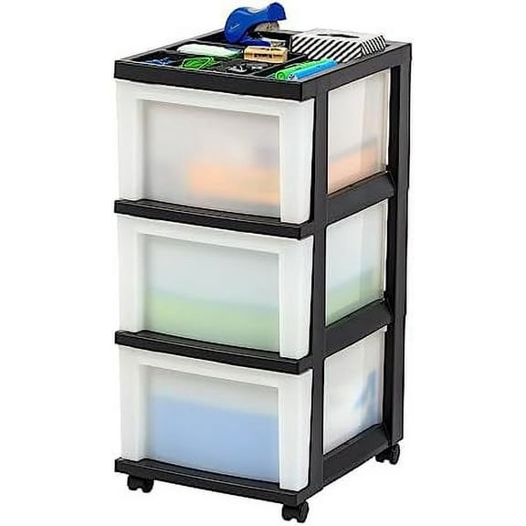 Plastic Drawer Storage Organizer Rolling Cart, with Wheels Casters, 3-Drawers, for Classroom Art Craft Supplies Dresser Closet Bathroom Laundry Room, Black/ Pearl