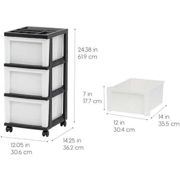 Plastic Drawer Storage Organizer Rolling Cart, with Wheels Casters, 3-Drawers, for Classroom Art Craft Supplies Dresser Closet Bathroom Laundry Room, Black/ Pearl