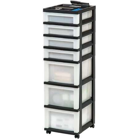 Plastic Drawer Storage Organizer Rolling Cart, with Wheels Casters, 7-Drawers, for Classroom Art Craft Supplies Dresser Closet Bathroom Laundry Room, Black/Pearl