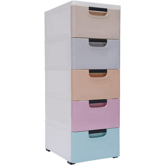 Plastic Drawers Dresser, 5 Drawers Storage Cabinet, 33" Tall Rolling Storage Chest with Wheels for Home Bedroom Clothes Towel Organization (Multi Color)
