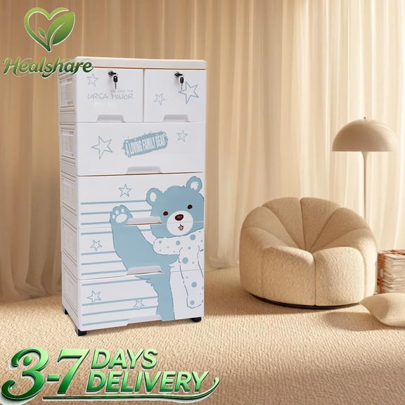 Plastic Drawers Dresser, 6 Drawer Storage Cabinet with Polar Bear Pattern, Kids Cartoon Tower, Space Saving Vertical Organizer, 19.7x13.8x40.2 inch, Multi-purpose Storage for Bedroom Nursery