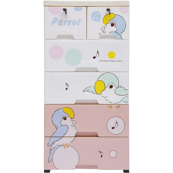 Plastic Drawers Dresser for Bedroom Locked Storage Cabinet with 6 Drawers Craft Organizers and Storage for Clothes, Towels Chest Of Drawers for Playroom, 19.7’’ W x 13.8’’ D x 40’’ H (Parrot)
