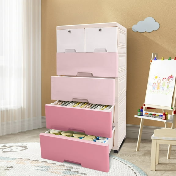 Plastic Drawers Dresser, Gradient Pink Storage Cabinet with Drawers, Closet Drawers Tall Dresser Organizer
