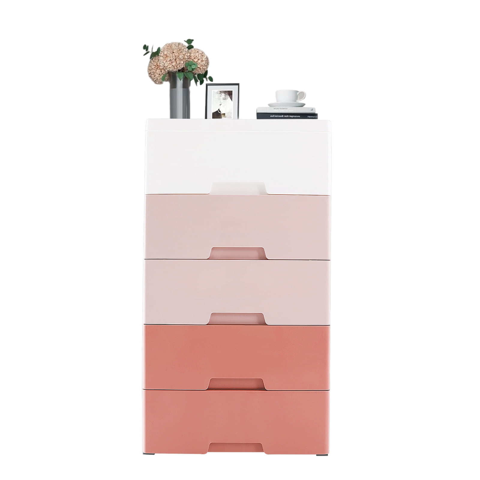 Plastic Drawers Dresser Storage Cabinet 5 Drawer Stackable Vertical Clothes Storage Tower, Bedroom Tall Small Chest Closet, Organizer Unit for Hallway Entryway Home (Pink)