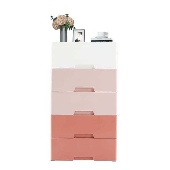Plastic Drawers Dresser Storage Cabinet 5 Drawer Stackable Vertical Clothes Storage Tower, Bedroom Tall Small Chest Closet, Organizer Unit for Hallway Entryway Home (Pink)