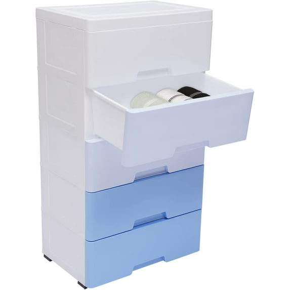 Plastic Drawers Dresser Storage Cabinet, 5 Drawer Stackable Vertical Clothes Storage Tower, Bedroom Tall Small Chest Closet, Organizer Unit for Hallway Entryway(Blue)