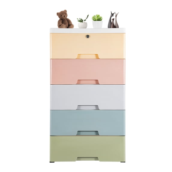 5 Tier Plastic Drawers Dresser Storage Tower w/5 Drawers, Stackable Storage Organizer Cabinet w/Wheels Storage Bin,Mobile Storage Closet Large Containers Organizer Unit