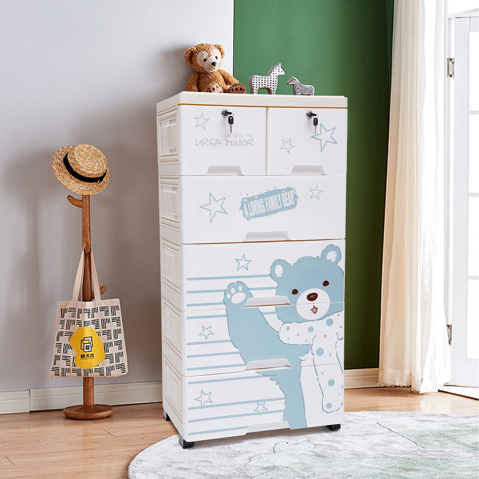 Plastic Drawers Dresser Storage Cabinet Children Playroom Bedroom Movable  Organizer with Lock Wheels for Clothes Toys Polar Bear Pattern