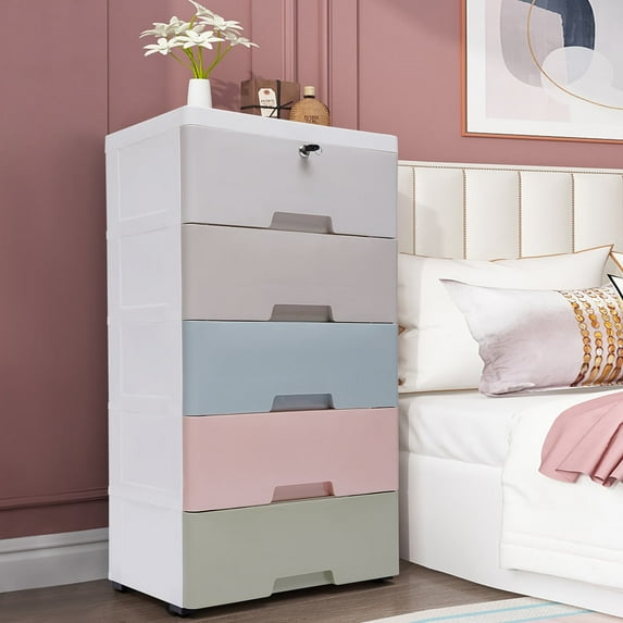 Plastic Drawers Dresser Storage Cabinet Stackable Clothes Storage Tower Movable Organizer with Wheels for Hallway Entryway Bedroom