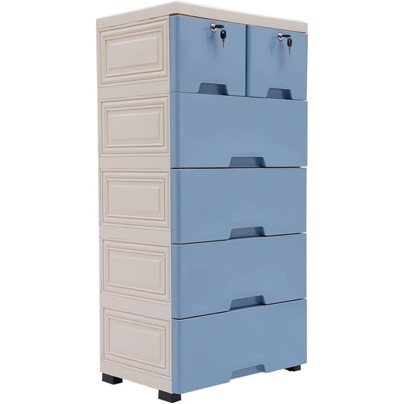 Plastic Drawers Storage Cart Mobile Cabinet with Casters, 5 Drawer Stackable Vertical Clothes Storage Tower Tall Chest Closet, Large Containers Organizer Unit (14"D x 20"W x 40"H - Blue)