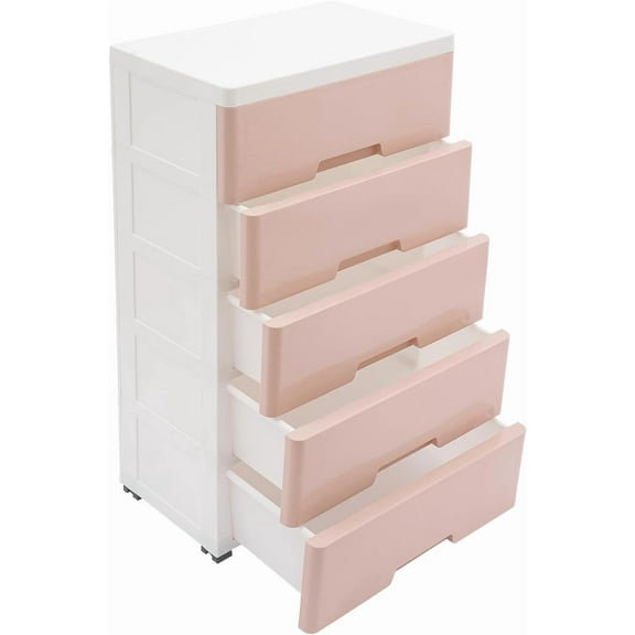 Plastic Dressers with Drawers for Clothes, Plastic Chest of Drawers, Dresser Storage Cabinet, With 5 large Drawers,Wheels and Locks, Closet Plastic Drawer Furniture,For Clothes Playroom(Pink)