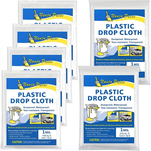 Plastic Drop Cloth 1 Mil Thickness Painters Clear Polyethylene Drop Cloths, Tarp Waterproof Plastic Cover Clear Tarp Sheeting for Painting,Furniture Cover(6 Pack)