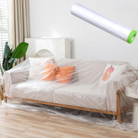 Plastic Drop Cloth Roll 66FT Disposable Painter Cover with Self-Adhesive - Antis Tear Tarp for Furniture Floor Carpet Protection - Paint Splatter Shield for Home Office Renovation