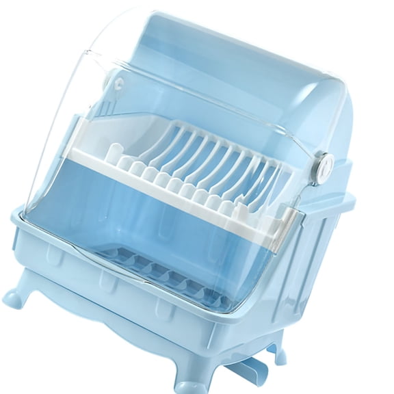 Plastic Dustproof Drain Storage Box,Multifunctional Covered Kitchen Dish Drying Rack,Cutlery Dish Drainer,Basket Cutlery Holder Kitchen Tableware Storage Box[Blue]