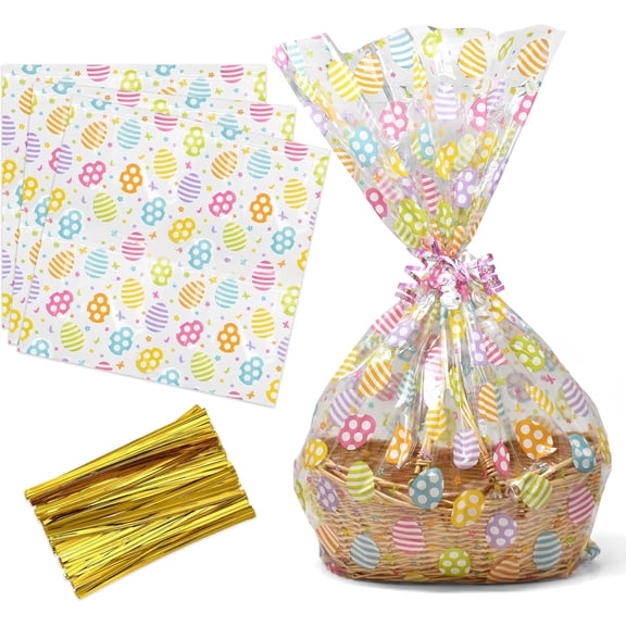 Plastic Easter Basket Bags with Twist Ties 24" x 30" Pack of 10 for Egg Cookie Tray Gift Wrapping Party Favor Decor