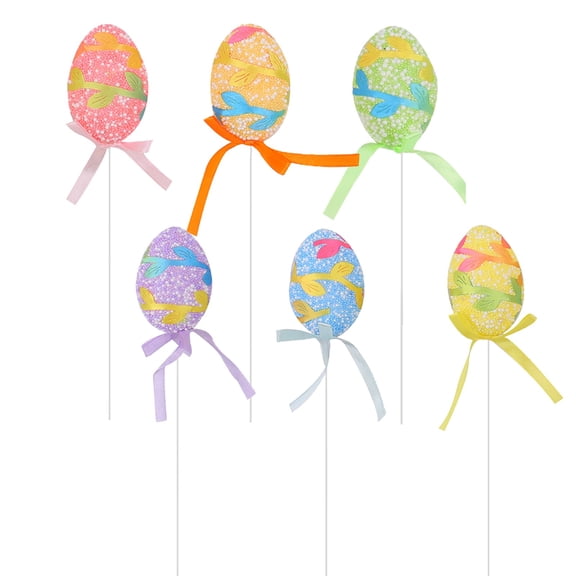 Plastic Easter Egg Picks 6 Pcs Easter Egg Plant Picks Decorative Sticks Pastel Colors Glittered and Painted for Table Home Wreath Crafts, 8.26 Inch, B
