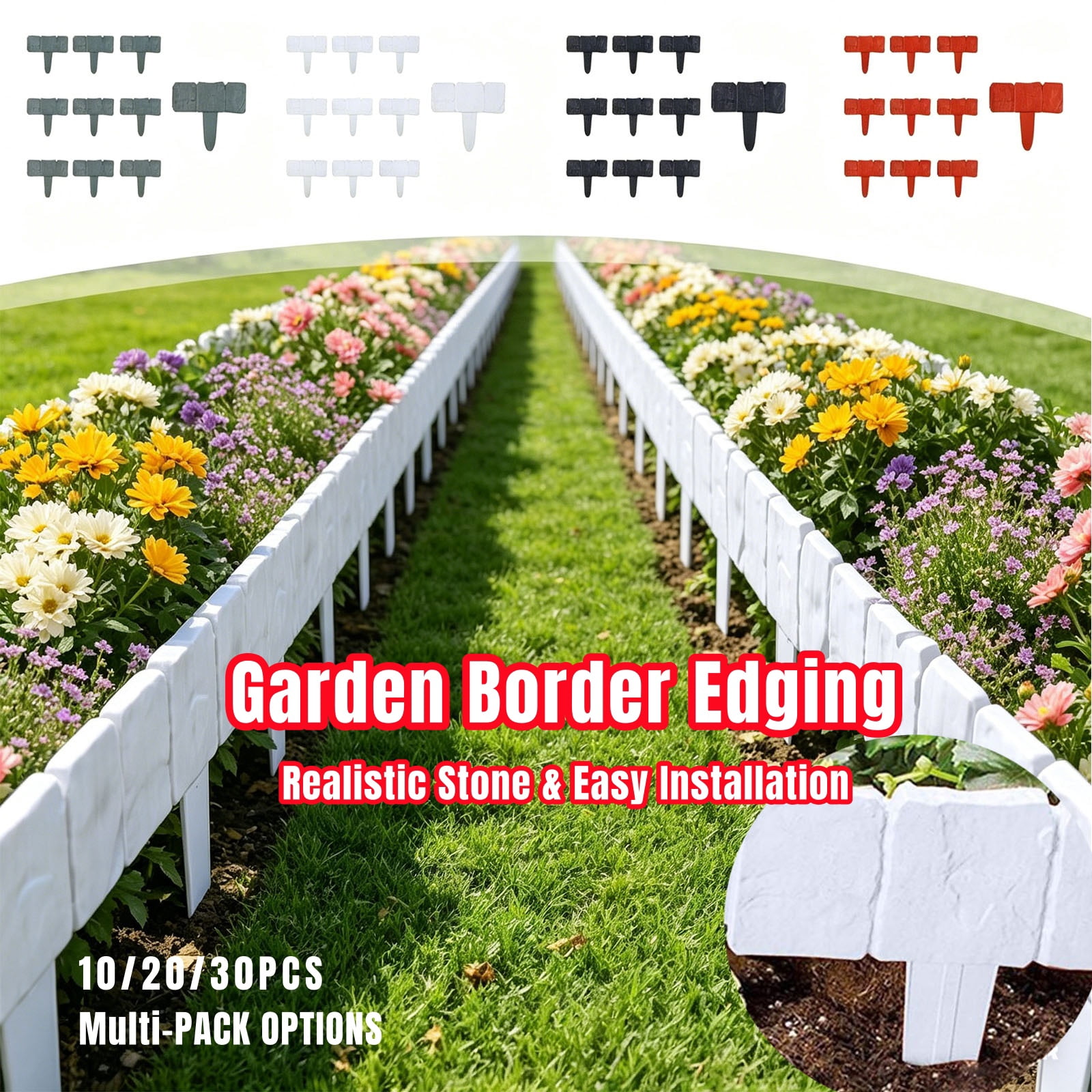 Plastic Edgings Garden Picket Fence, Grass Lawn Flowerbeds Plant Borders, Decorative Landscape Path Panels,Pack of 20 (Overall Length 180 Inches), Lightweight & Easy Installation, NCHKUN (White)