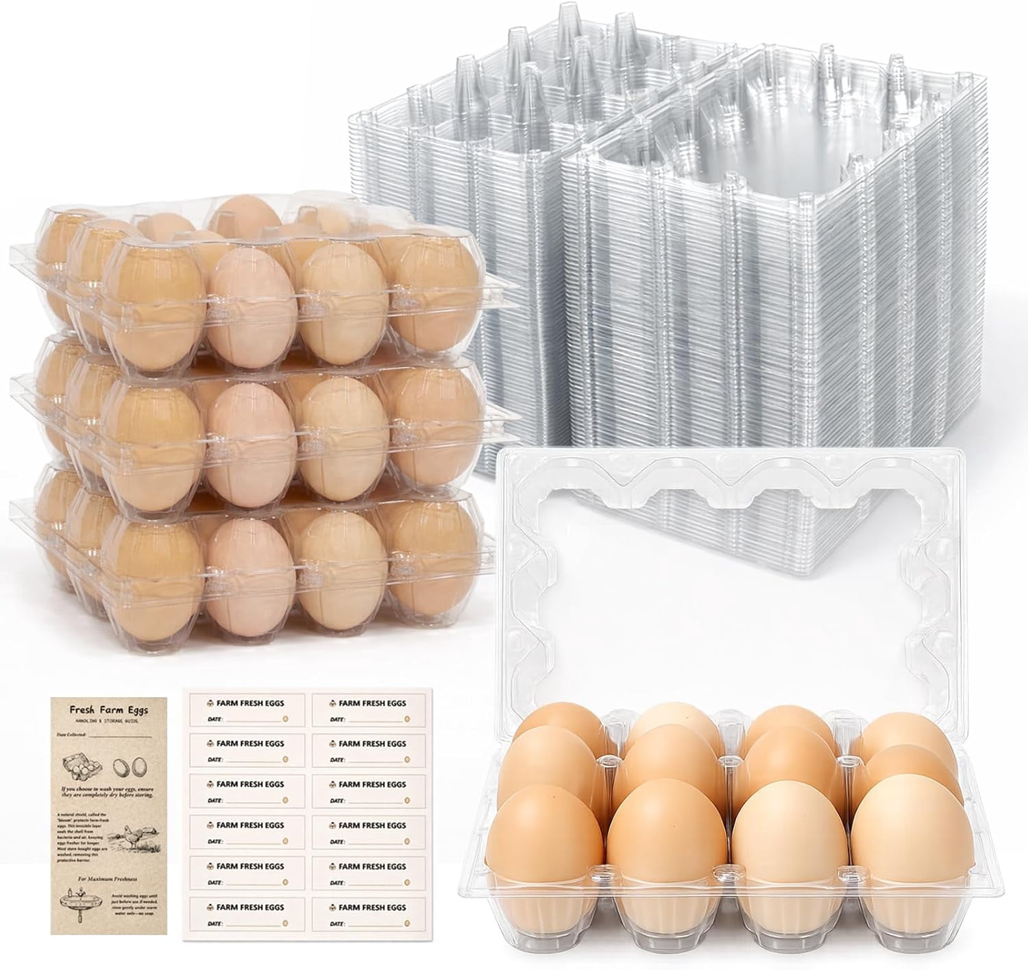 Plastic Egg Cartons 60 Pack 12 Count Cheap Bulk Clear Dozen Reusable Empty Containers for Chicken Eggs Storage with Date Tracking Stickers Care Instructions