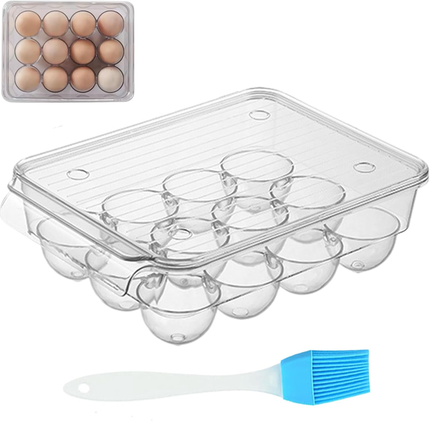 Plastic Egg Holder for Fridge: Egg Organizer Egg Container with Lid & Handle - 12 Eggs Count, Clear Kitchen Egg Dispenser Egg Tray, Stackable Egg Storage for Refrigerator