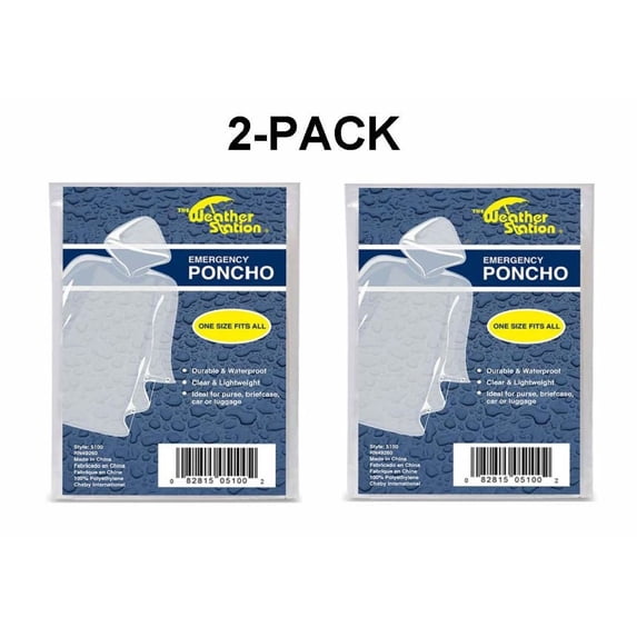Plastic Emergency Poncho with Hood (Pack of 2)