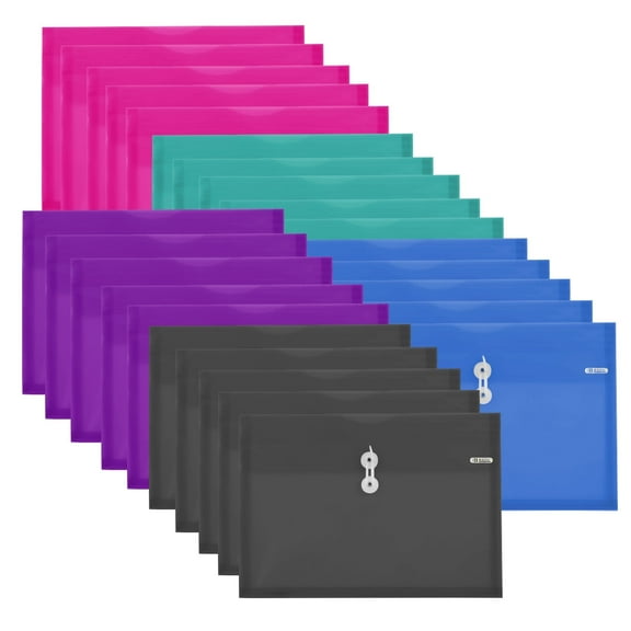 Plastic Envelope String Closure, Letter Size A4 Side Loading Clear Colored Poly Folder, 25-Pack