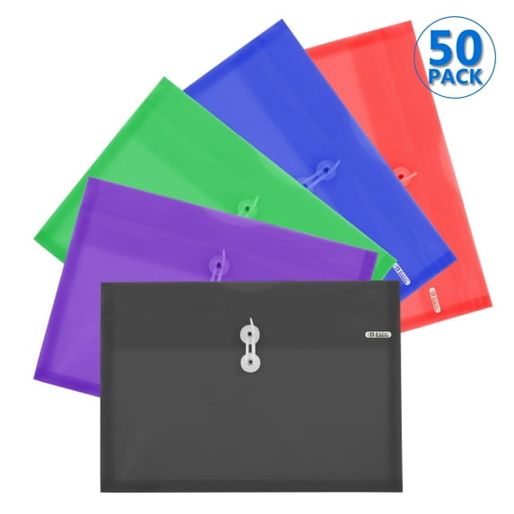 Plastic Envelope String Closure, Letter Size A4 Side Loading Clear Colored Poly Folder, 50-Pack