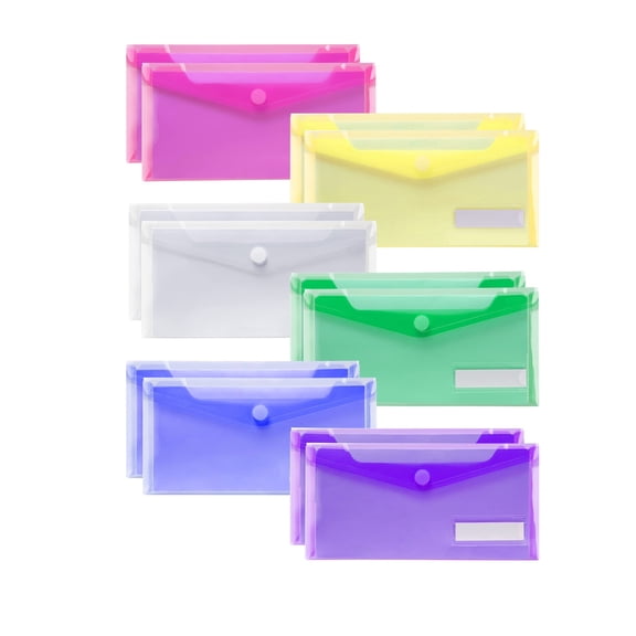 Plastic Envelopes 12 Pack, Reusable Pencil Pouch with Label Pocket, Money Envelopes for Cash Budgeting, Supplies Organizer, Art Storage, Receipts and Bills, 9.4 x 4.7 Inches, Multicolor