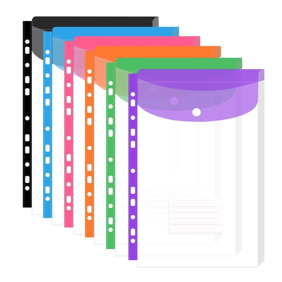 Plastic Envelopes Binder Pocket, 11 Holes Expandable Binder Folders for 2/3/4 Ring Document Pouch with Snap Button, Transparent Binder Sleeves for Home Office, 6 Pcs, 12.6x9.3"