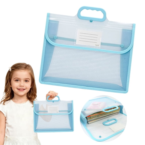 Plastic Expanding File Folder with Handle, Portable Transparent Document Organizer for Letter, Briefcase-Style Accordion Case, Mesh Pocket, Heavy Duty for Home, Office & School (Blue A)