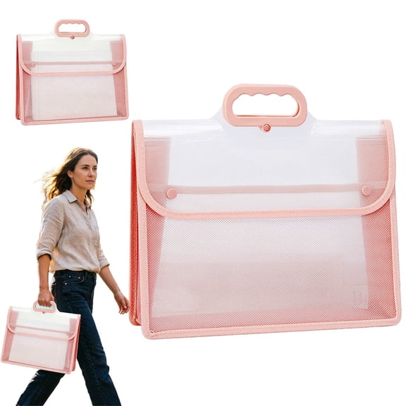 Plastic Expanding File Folder,Portable File Totes with Handles and Snap Closur A4 Size Pink Transparent Document Organizer Waterproof File Box Large Capacity Accordion File Wallet for Office Home
