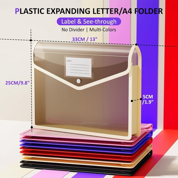 Plastic Expanding File Folder, Transparent Envelopes with Snap Closure, Suitable for Home, Office, School and Hospital, Large Capacity, No Dividers, 5 Colors, Fit Letter/A4 Size-10 Pcs