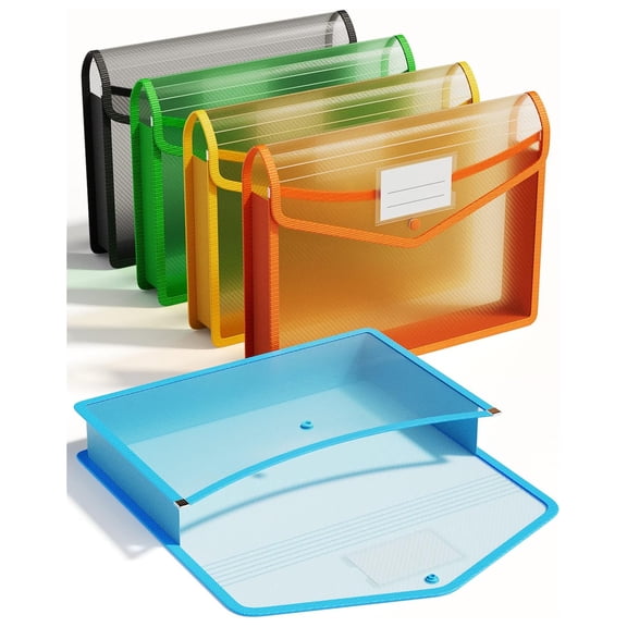 Plastic Expanding File Folder, Transparent Envelopes with Snap Closure, No Dividers, Large Capacity, Assorted Colors, Fits Letter / A4 Size - 5 Pack