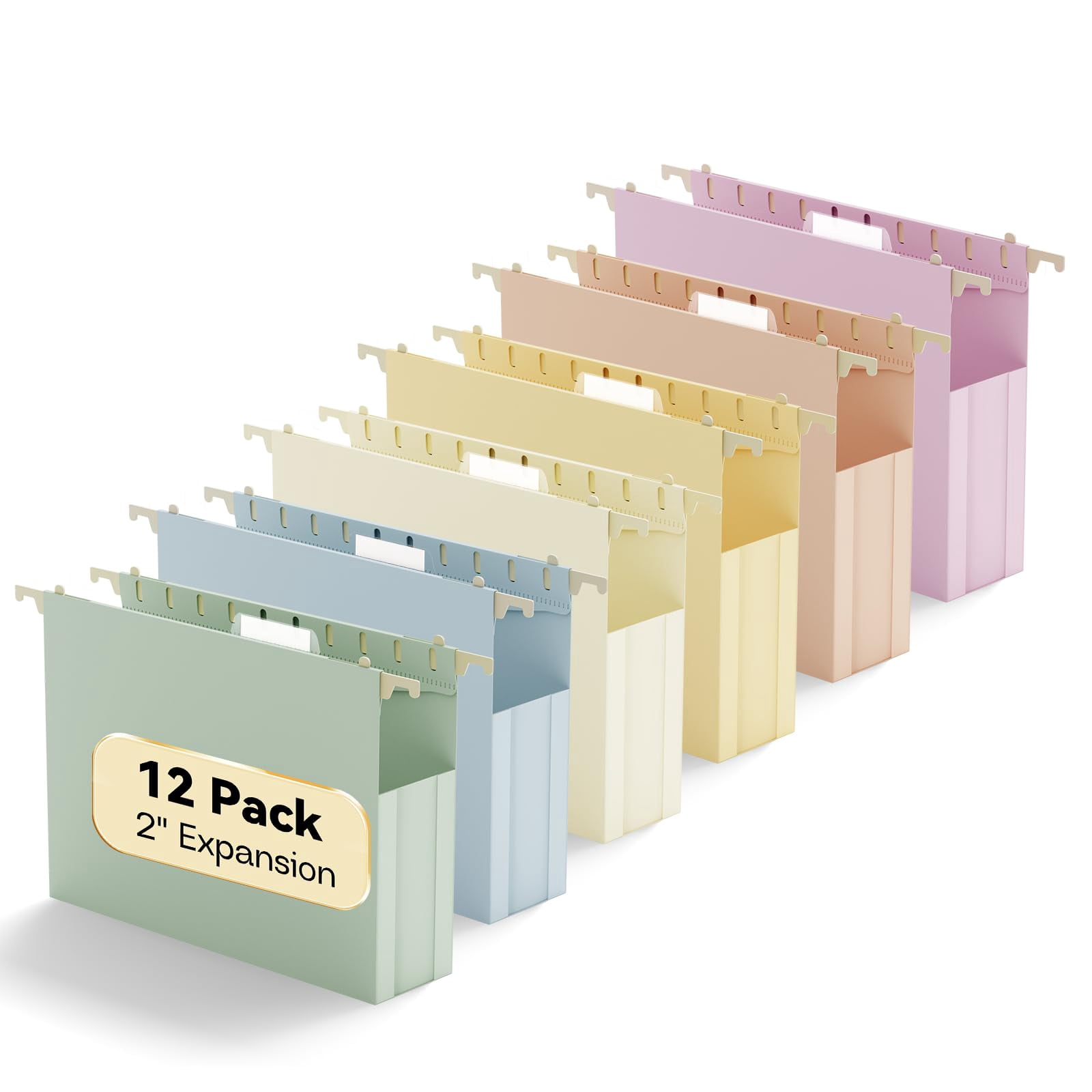 Plastic Extra Capacity Hanging File Folder Letter Size Expanding Hang With Tab Heavy Duty 2" Expansion Accordian Pocket 12 Pack Reinforced Pastel Color Filing Cabinet Folders No Assembly