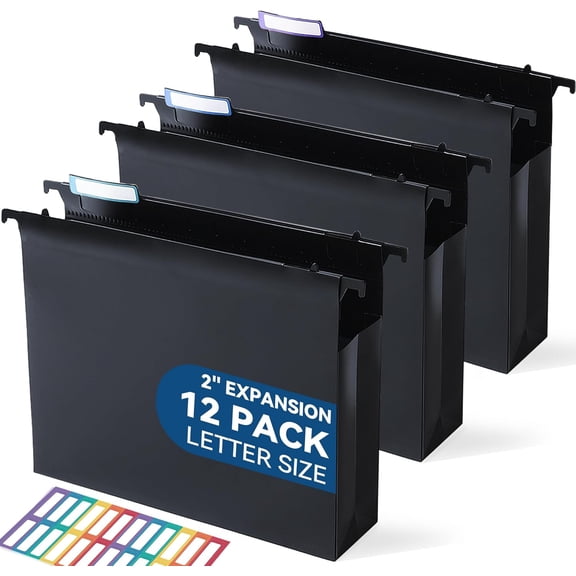 Plastic Extra Capacity Hanging File Folders, 2" Expanding Pocket, Heavy Duty for Filing Cabinet, Insertable 1/5-Cut Tabs, Letter Size - 12 Pack