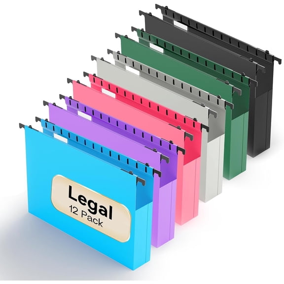 Plastic Extra Capacity Legal Size Hanging File Folders,12 Pack Reinforced Legal Hanging Folders Expandable,Heavy Duty 2 Inch Expansion with Tabs,Filing Cabinet Folders for Bulky Files-Colorful