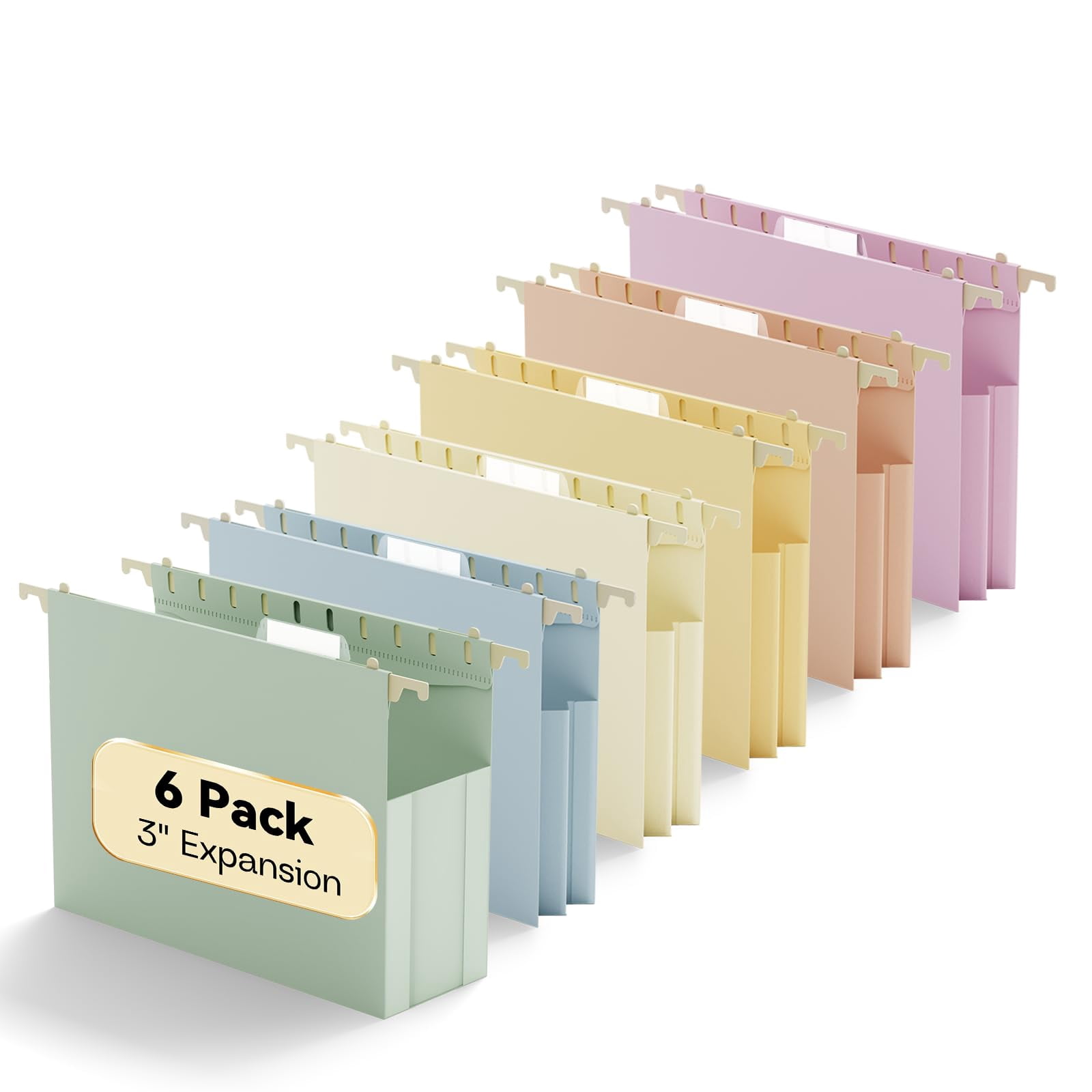 Plastic Extra Wide Hanging File Folder Letter Size Heavy Duty Reinforced 3" Expansion Accordian Pocket 6 Pack Filing Cabinet Folders With Tabs Pastel Color Organizer For Bulky Files