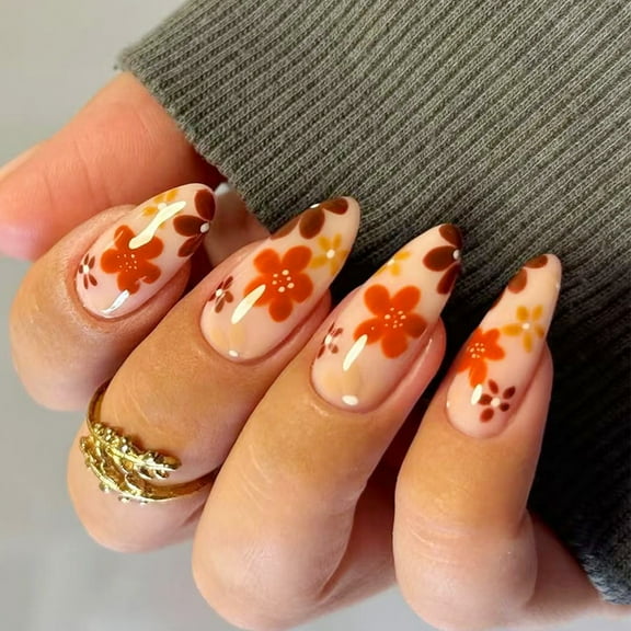 Plastic False Nails Fall Winter Warm Tone Floral Easy Apply Artificial Nails For Women Long Last NonToxic